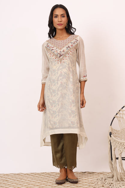 Ecru Appliqué Embroidered Layered Kurta in Cotton Silk