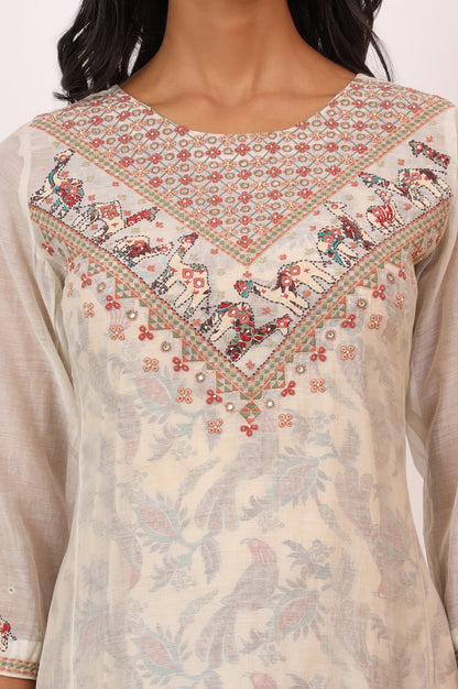Ecru Appliqué Embroidered Layered Kurta in Cotton Silk