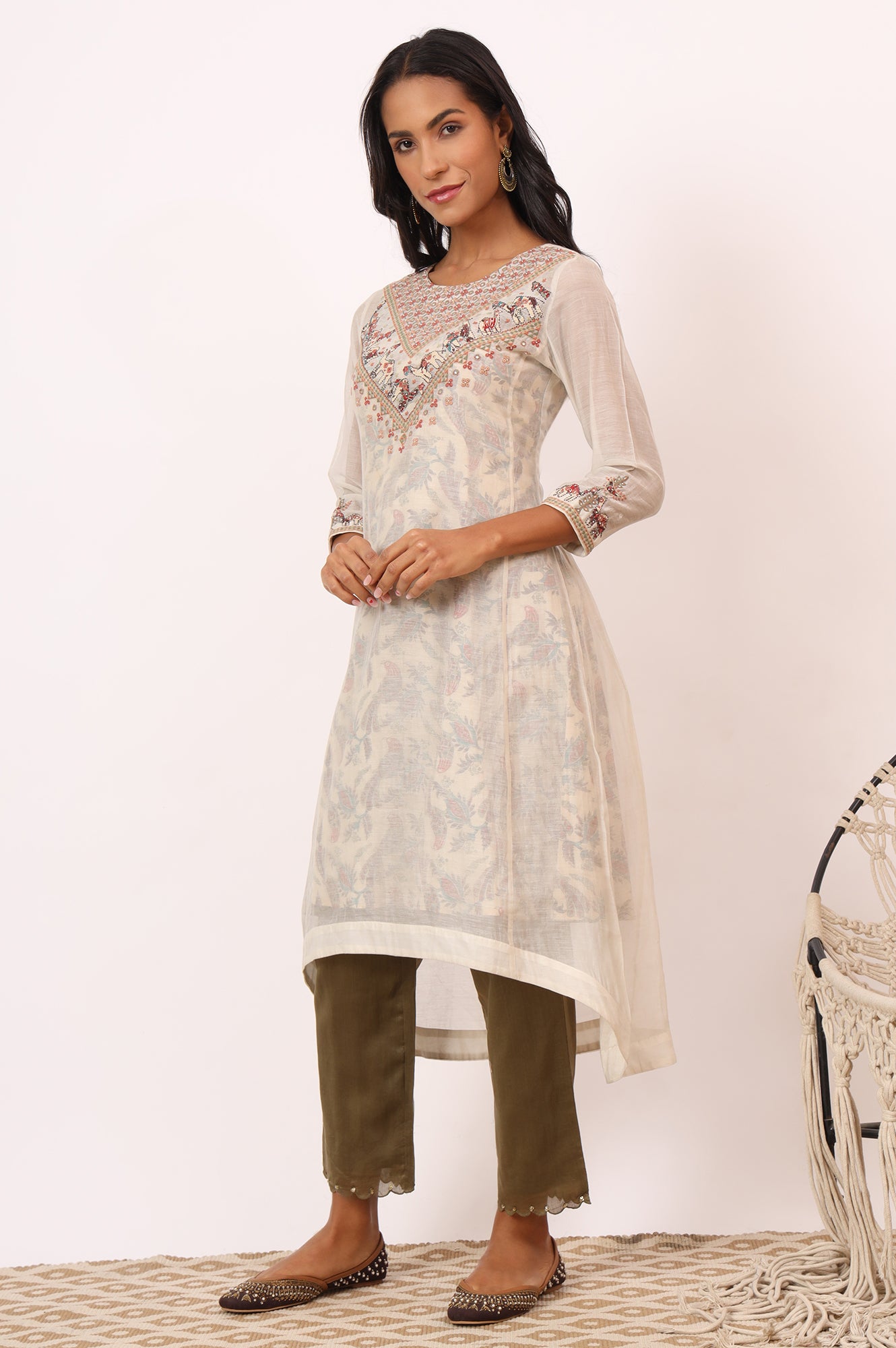 Ecru Appliqué Embroidered Layered Kurta in Cotton Silk