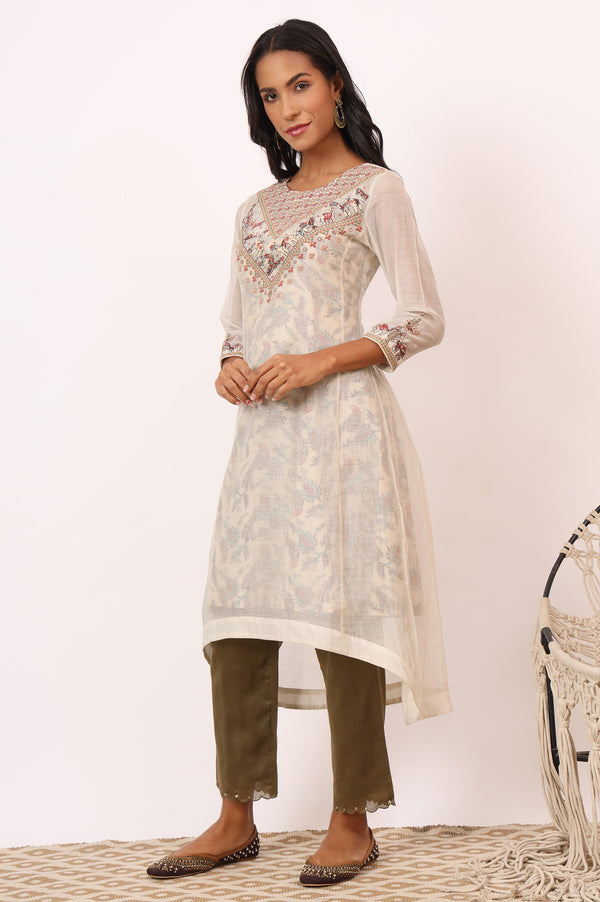 Ecru Appliqué Embroidered Layered Kurta in Cotton Silk