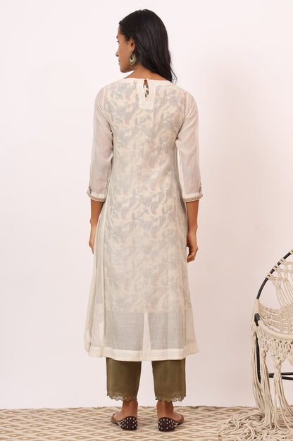 Ecru Appliqué Embroidered Layered Kurta in Cotton Silk
