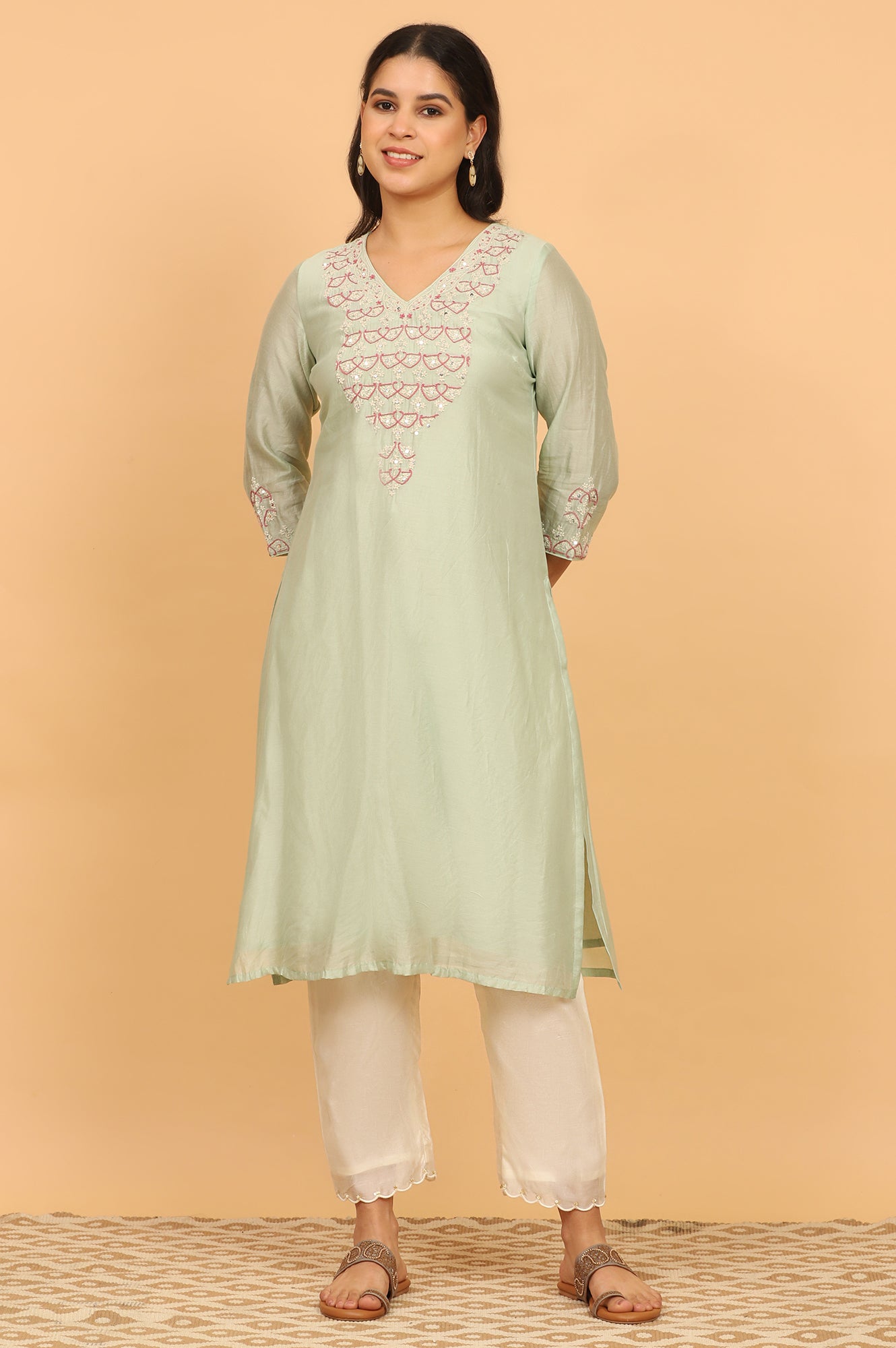 Light Green Chikankari Kurta in Cotton Silk