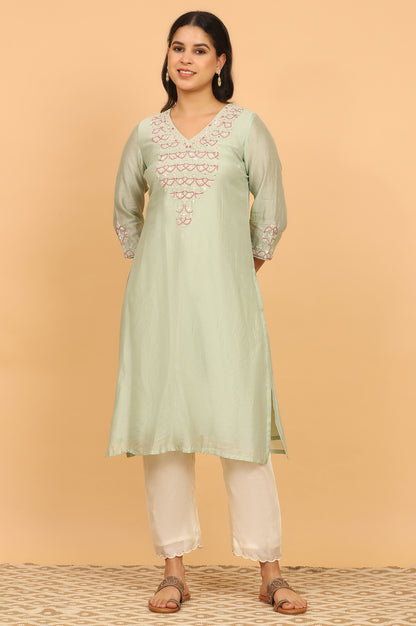 Light Green Chikankari Kurta in Cotton Silk
