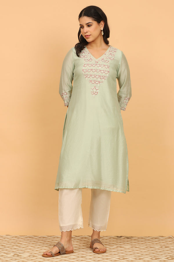 Light Green Chikankari Kurta in Cotton Silk