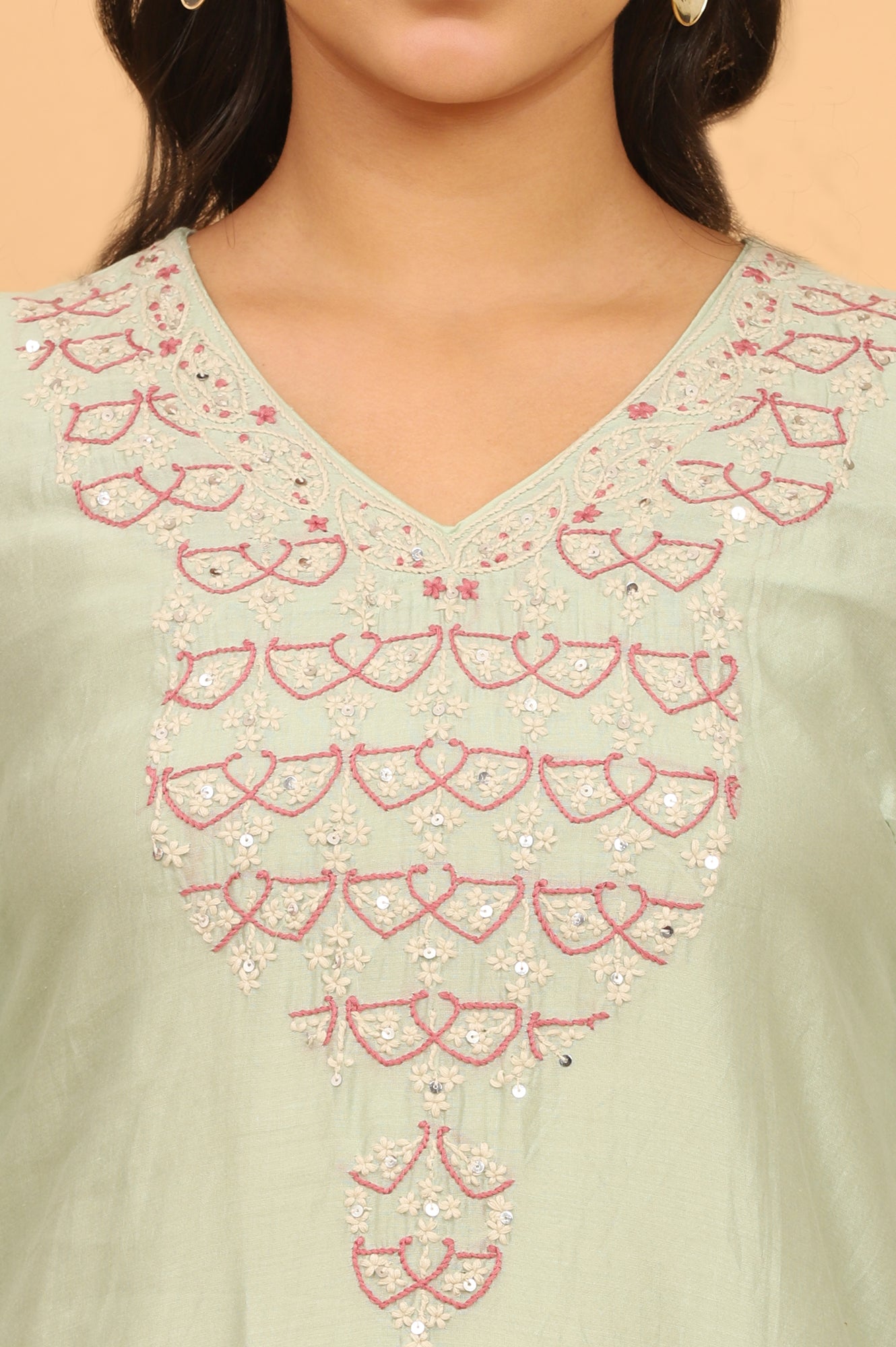 Light Green Chikankari Kurta in Cotton Silk