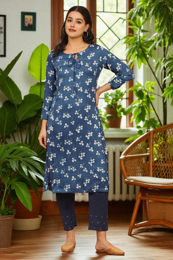 Indigo Handblock Print Kurta in Modal Satin