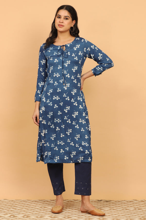 Indigo Handblock Print Kurta in Modal Satin