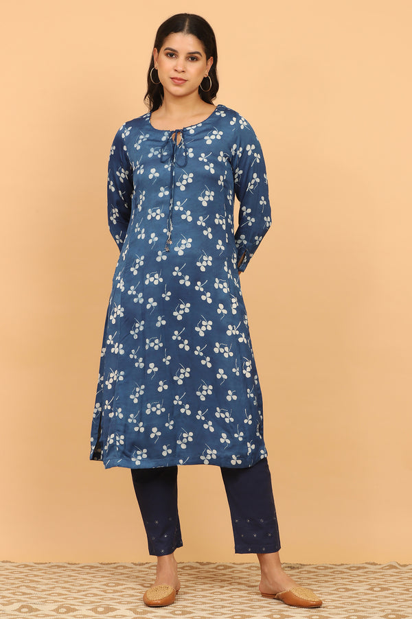 Indigo Handblock Print Kurta in Modal Satin