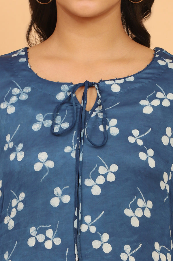 Indigo Handblock Print Kurta in Modal Satin