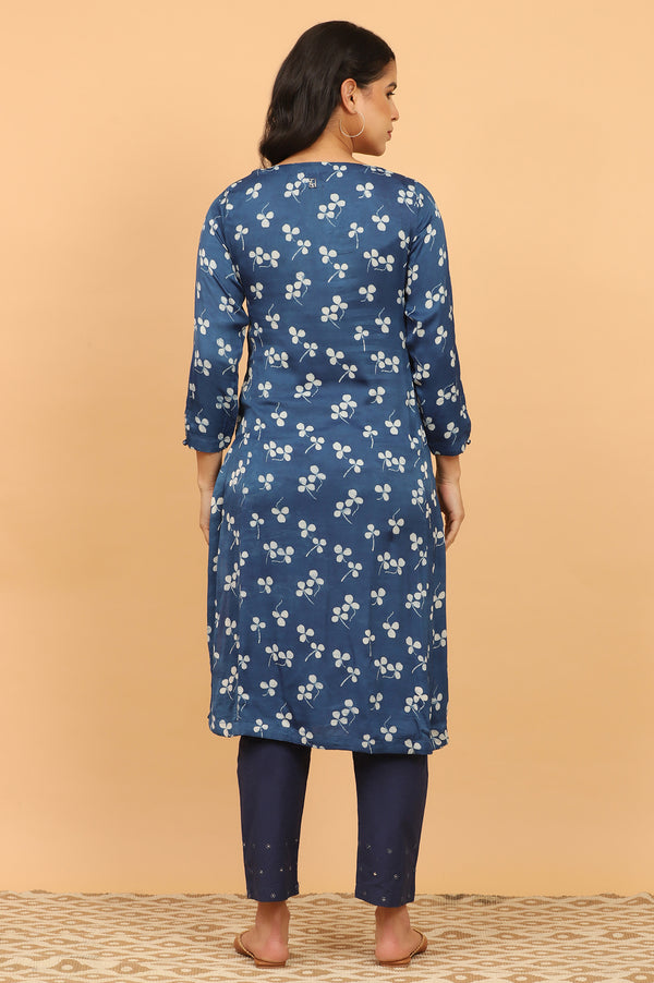 Indigo Handblock Print Kurta in Modal Satin