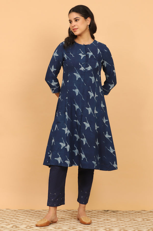 Indigo Handblock Print Flared Kurta in Rayon Flax