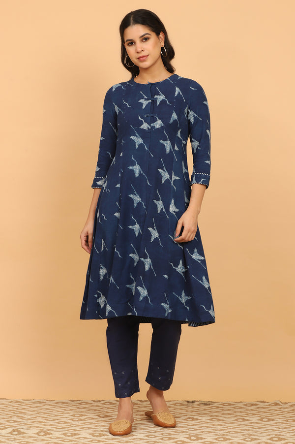 Indigo Handblock Print Flared Kurta in Rayon Flax