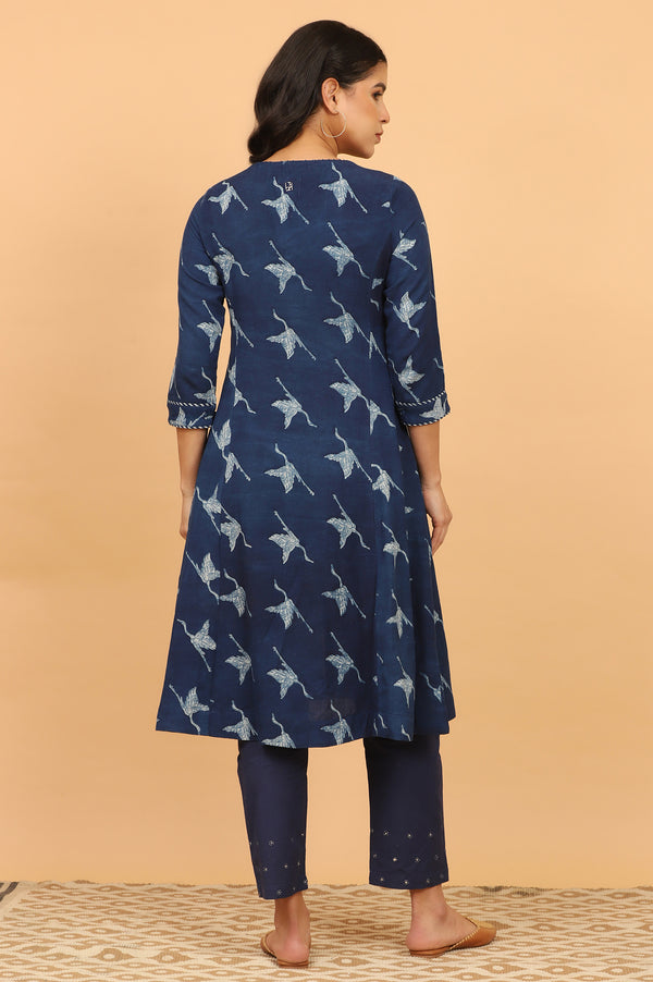 Indigo Handblock Print Flared Kurta in Rayon Flax