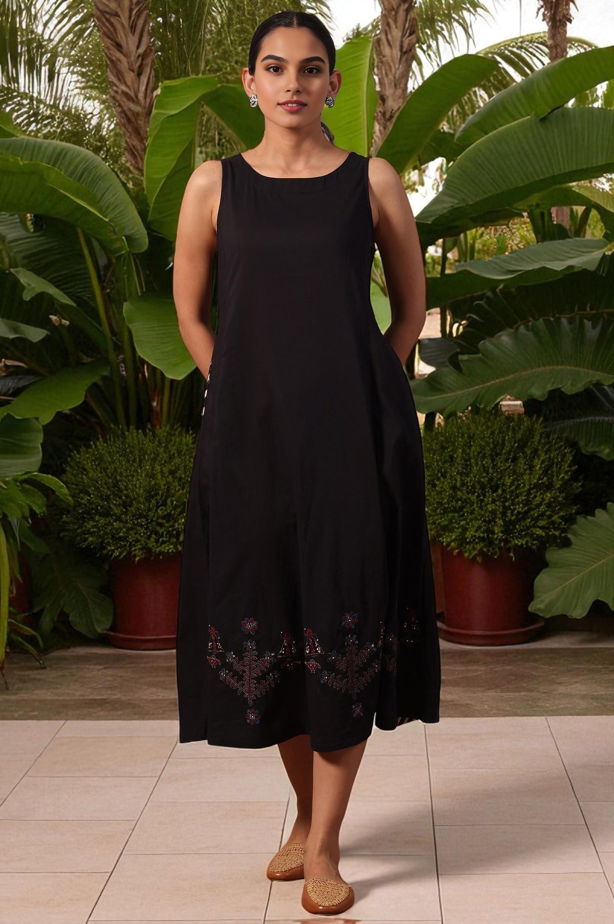 Solid Flared Pure Cotton Dress - L
