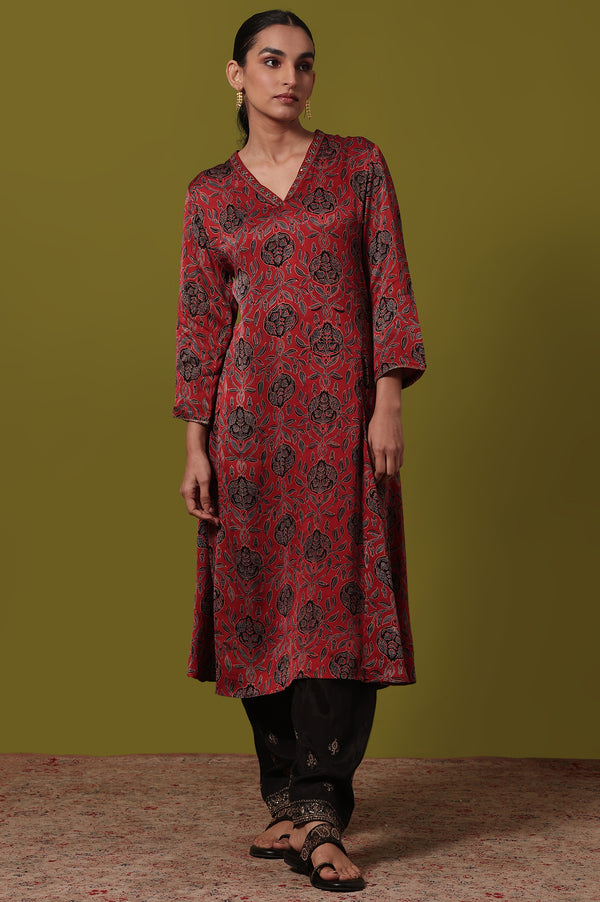 Red Floral Printed Flared Viscose Kurta