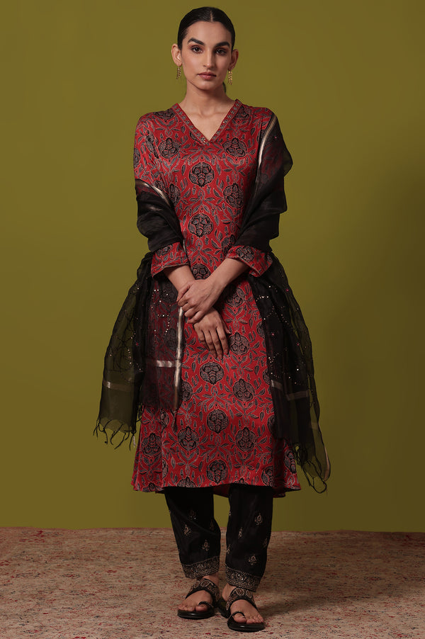 Red Floral Printed Flared Viscose Kurta