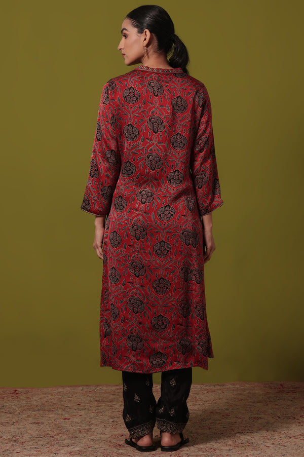 Red Floral Printed Flared Viscose Kurta