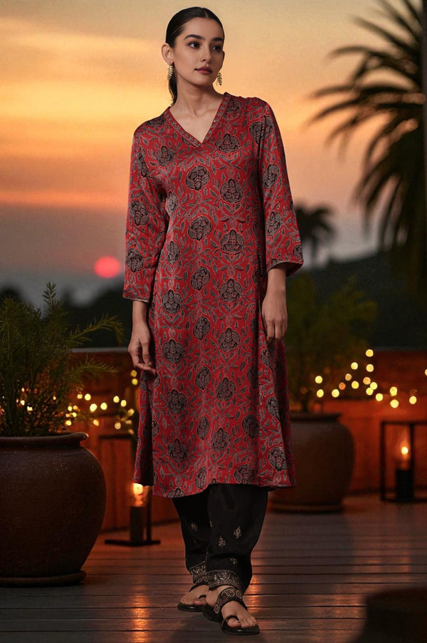 Red Floral Printed Flared Viscose Kurta