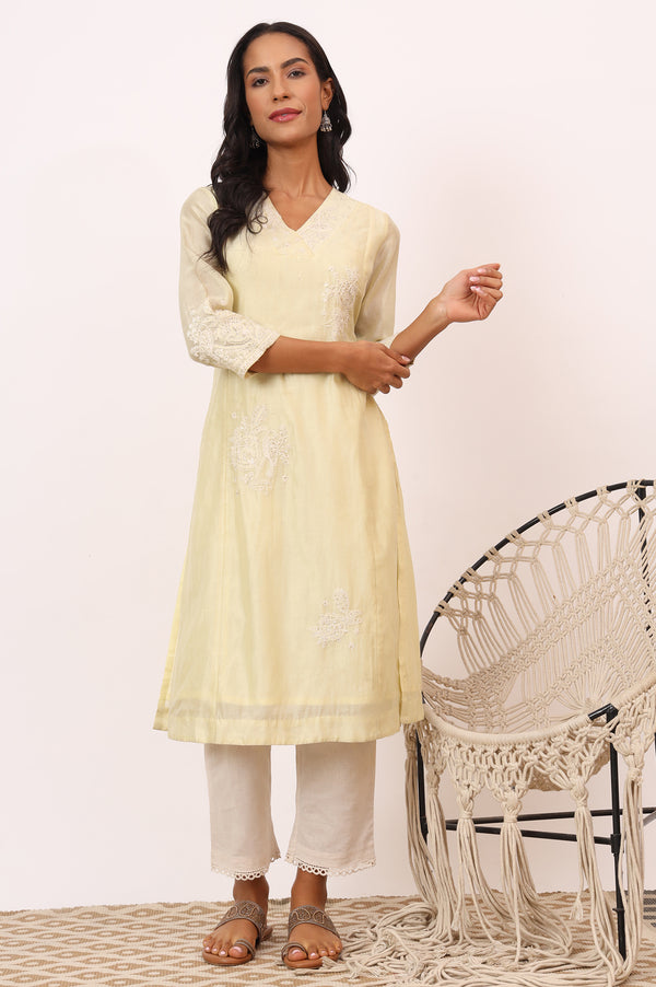 Light Lemon Chikankari Kurta in Cotton Silk