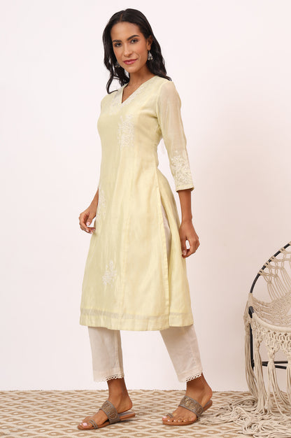 Light Lemon Chikankari Kurta in Cotton Silk