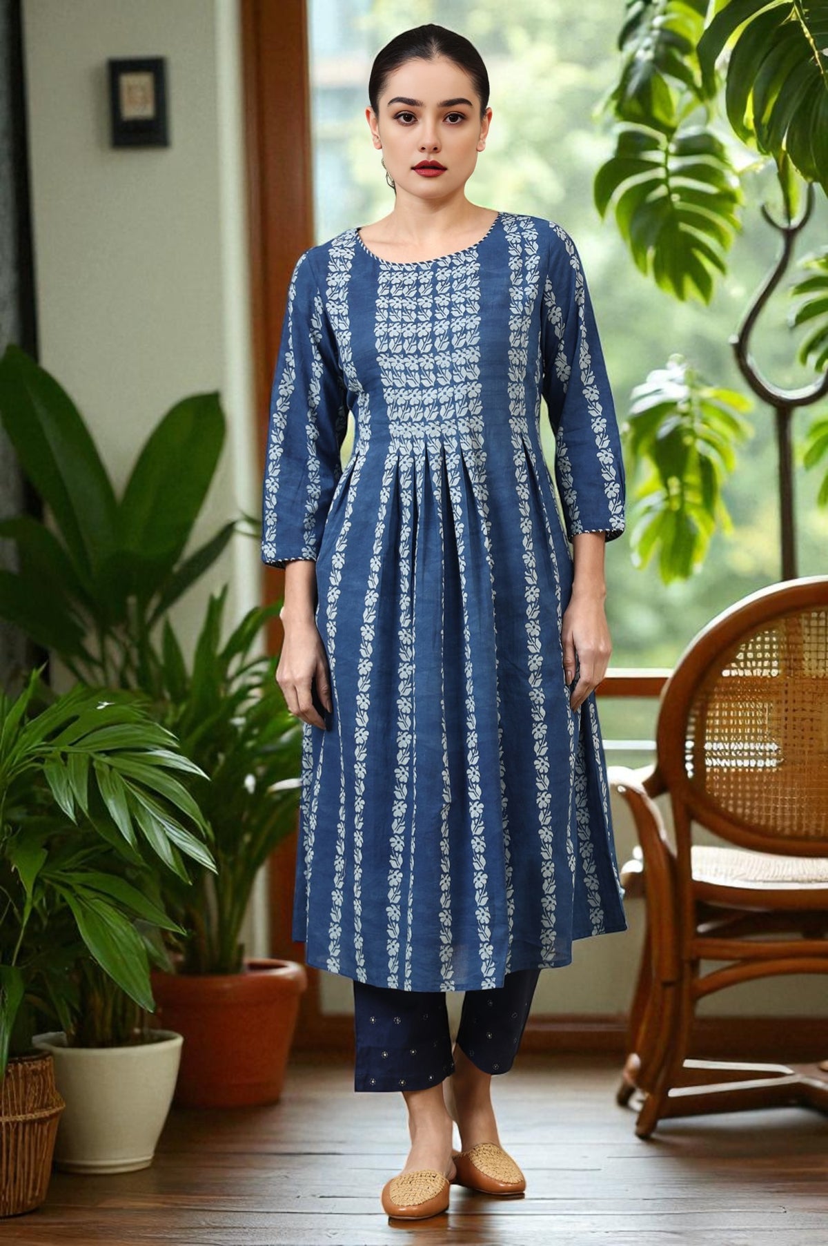 Indigo Handblock Print Pleated Kurta - XS