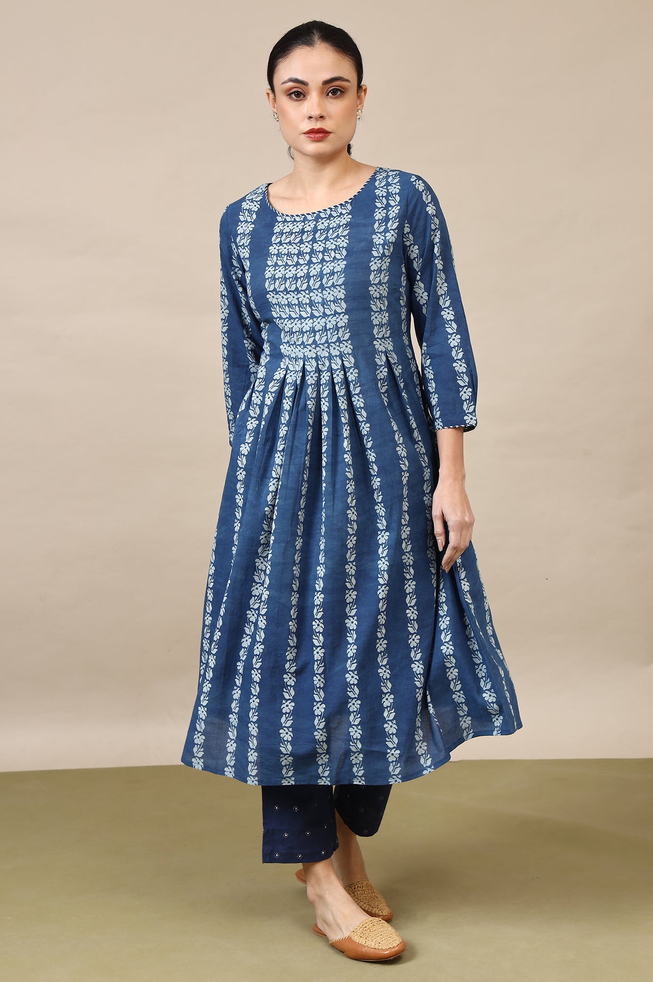 Indigo Handblock Print Pleated Kurta