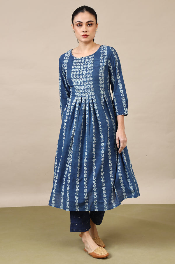 Indigo Handblock Print Pleated Kurta