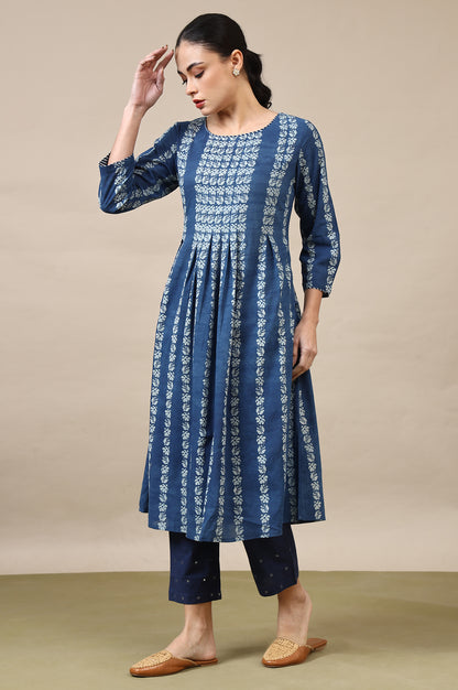 Indigo Handblock Print Pleated Kurta