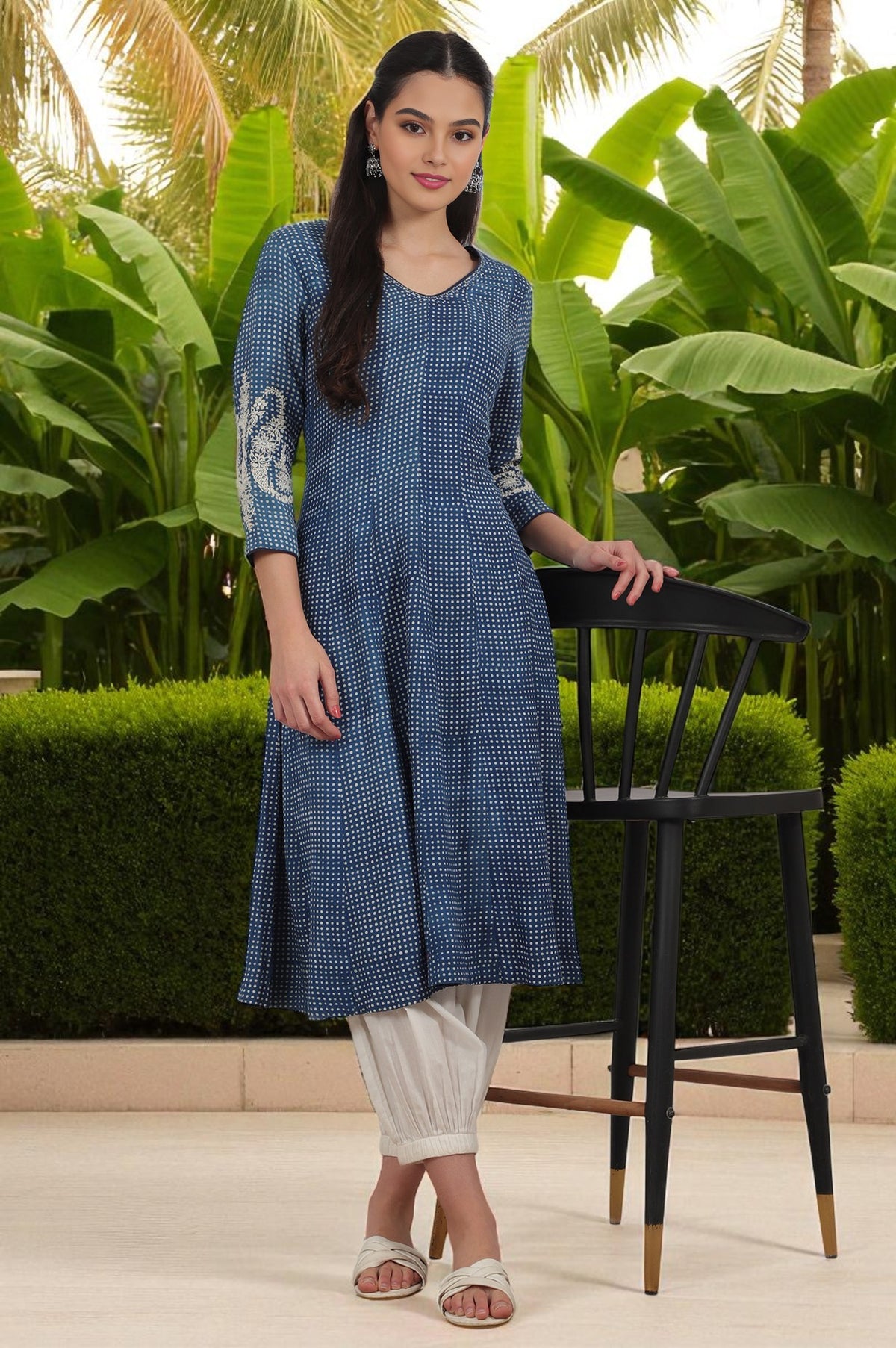 Indigo Handblock Printed Chikankari Kalidar Kurta - XS