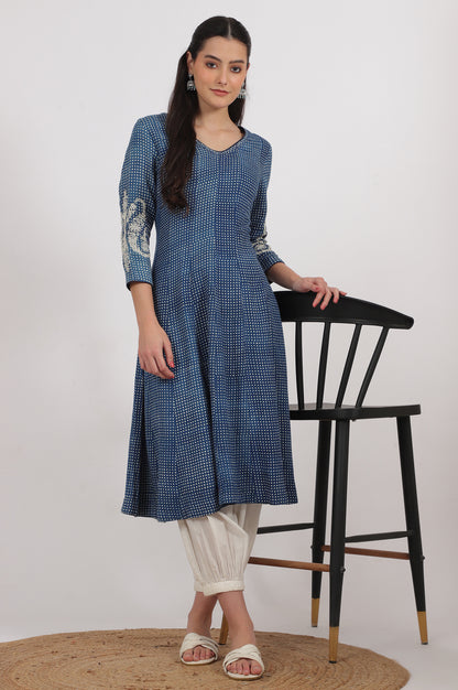 Indigo Handblock Printed Chikankari Kalidar Kurta