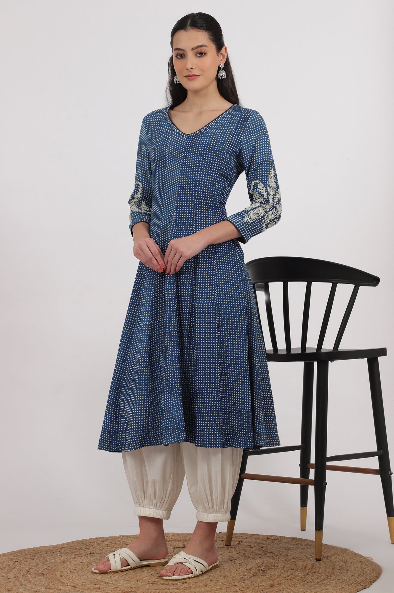 Indigo Handblock Printed Chikankari Kalidar Kurta