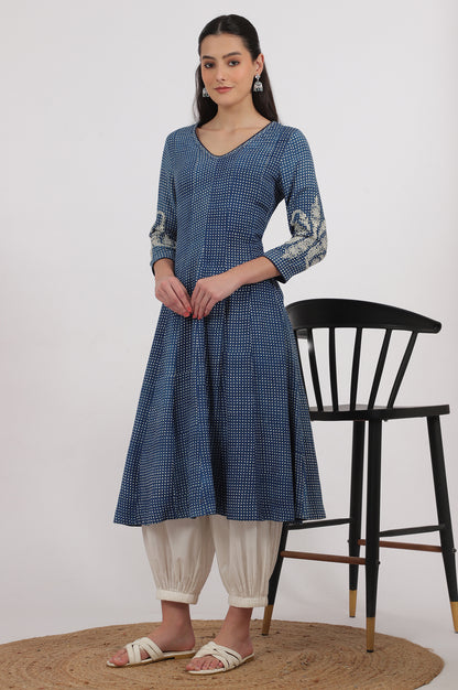 Indigo Handblock Printed Chikankari Kalidar Kurta