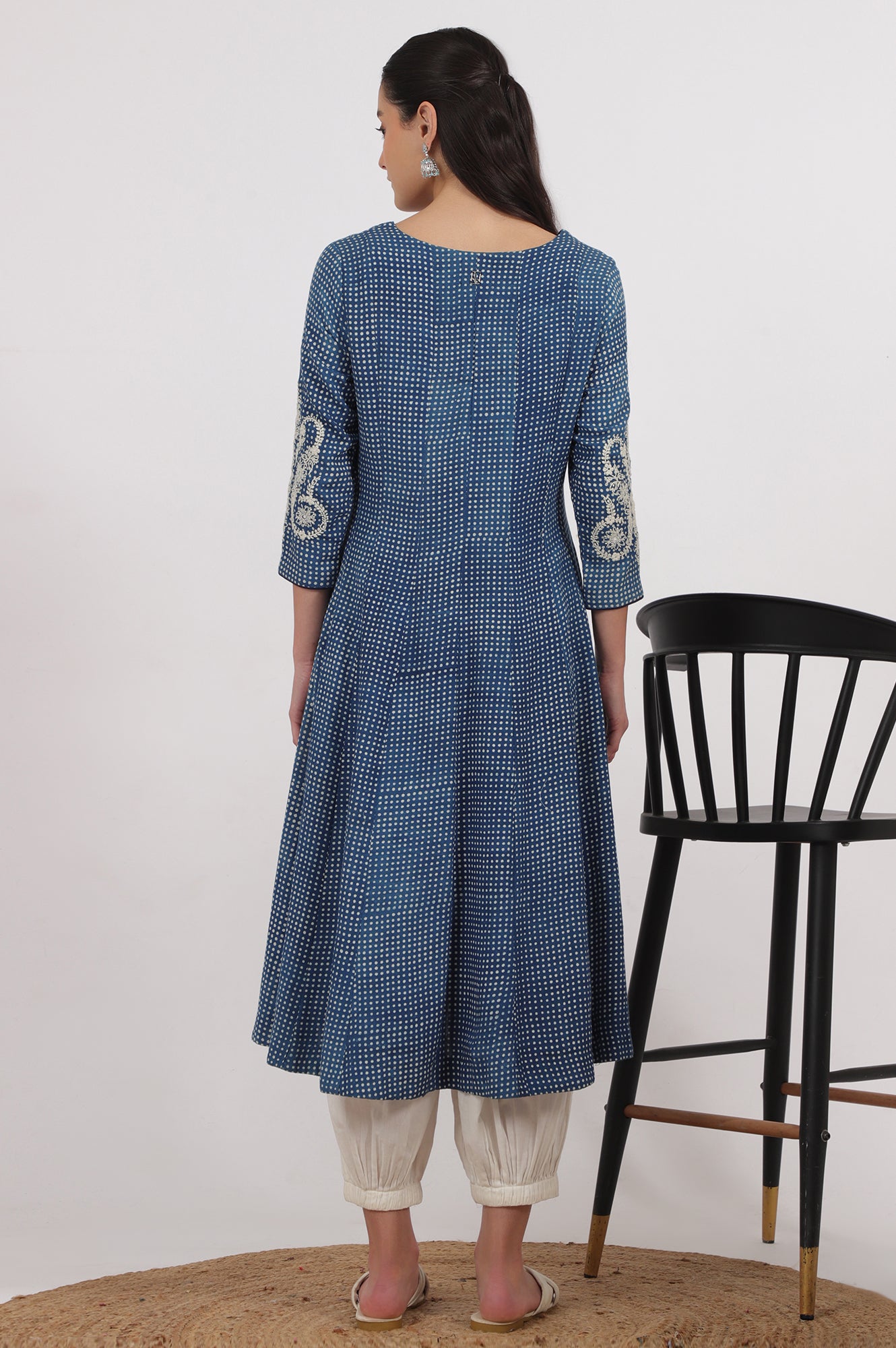 Indigo Handblock Printed Chikankari Kalidar Kurta