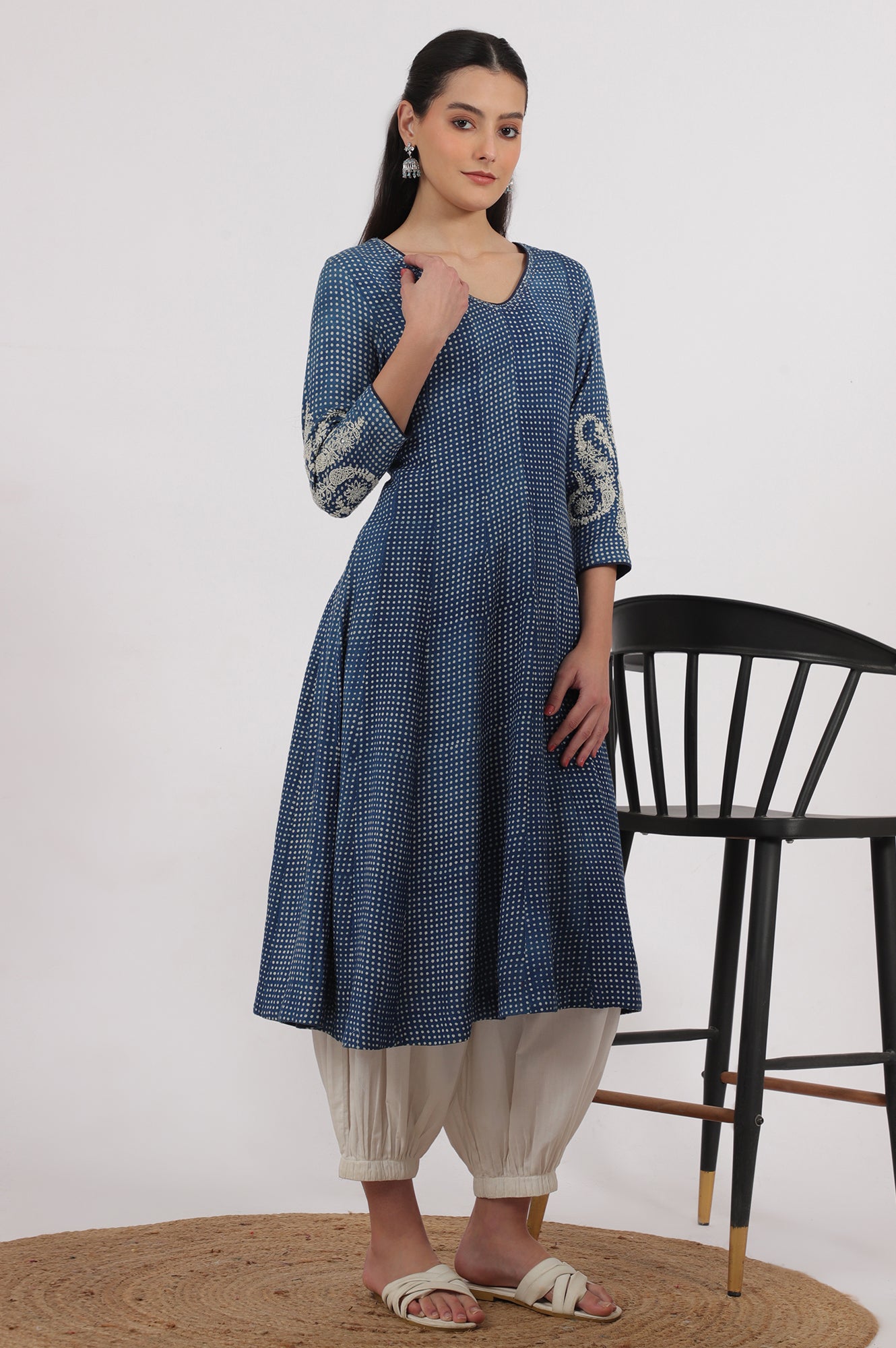 Indigo Handblock Printed Chikankari Kalidar Kurta
