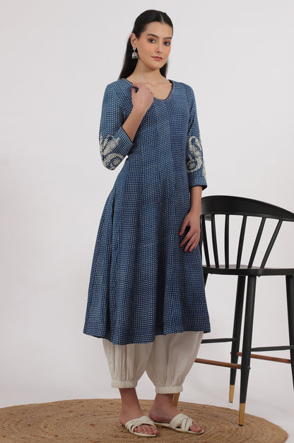 Indigo Handblock Printed Chikankari Kalidar Kurta
