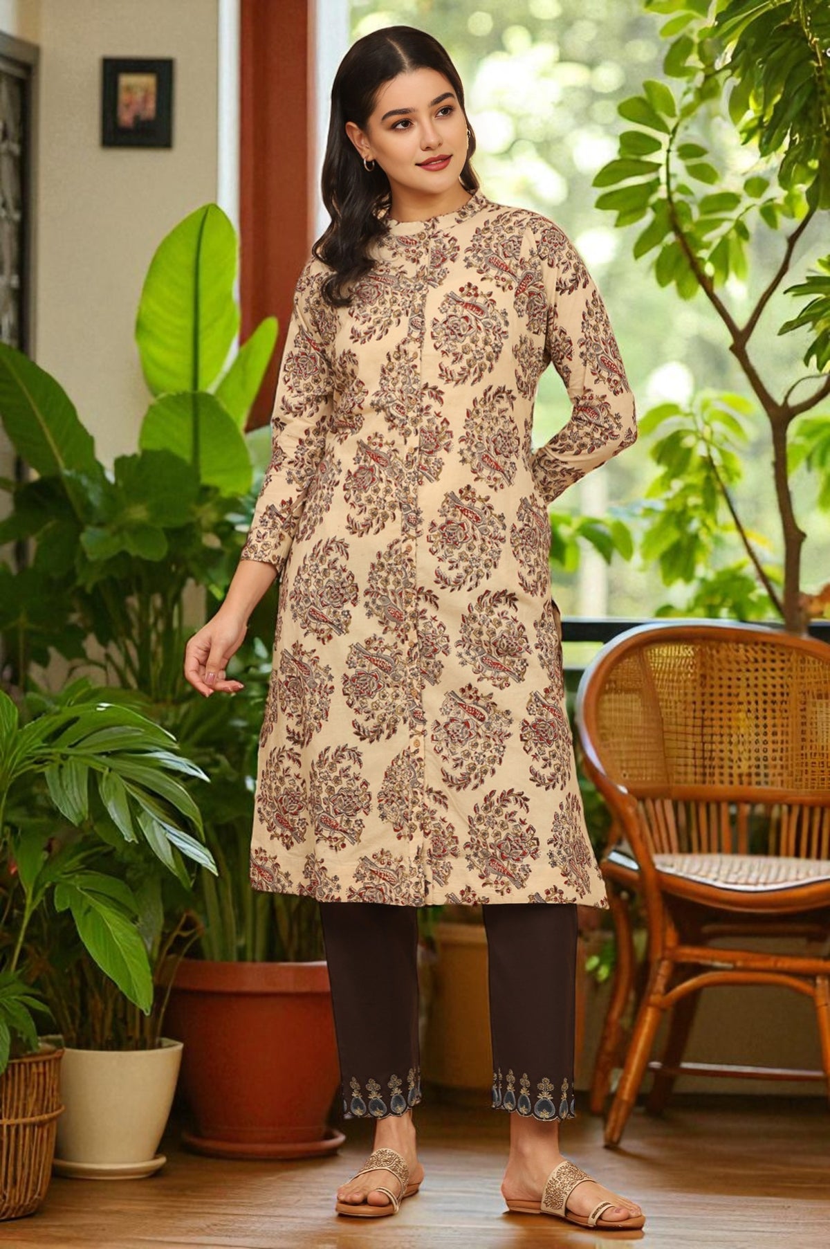 Light Beige Kalamkari Print Shirt Kurta - XS