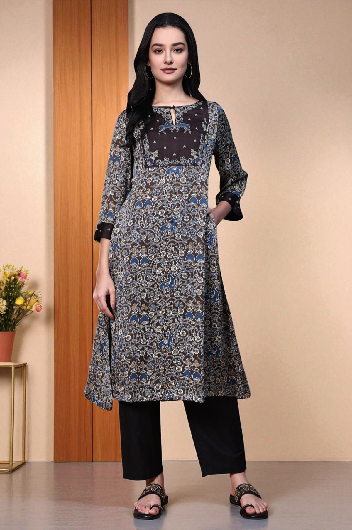 Brown Ajrak Printed Embroidered Modal Satin Flared Kurta - S