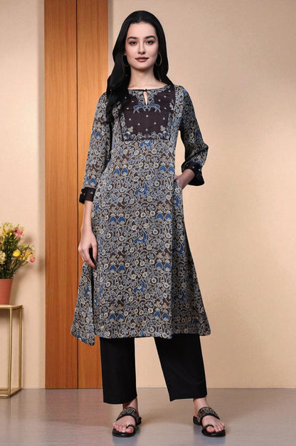 Brown Ajrak Printed Embroidered Modal Satin Flared Kurta