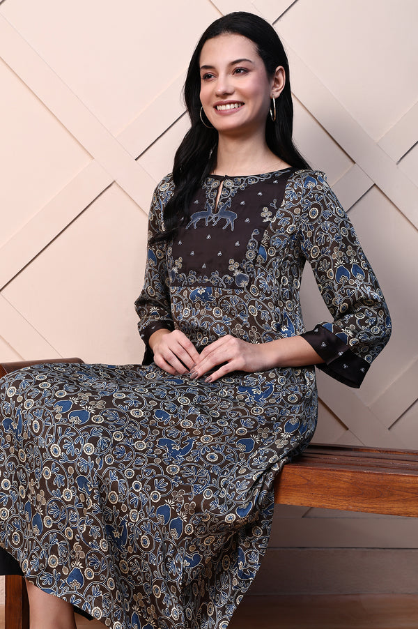 Brown Ajrak Printed Embroidered Modal Satin Flared Kurta