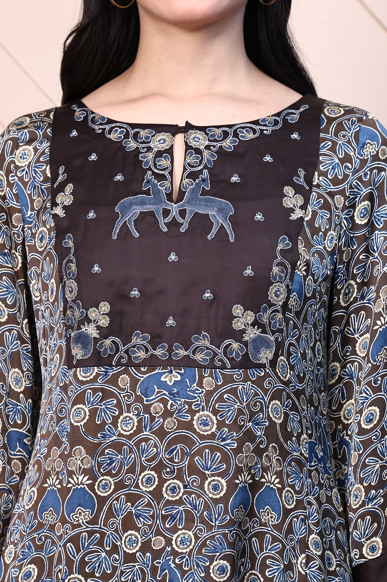 Brown Ajrak Printed Embroidered Modal Satin Flared Kurta