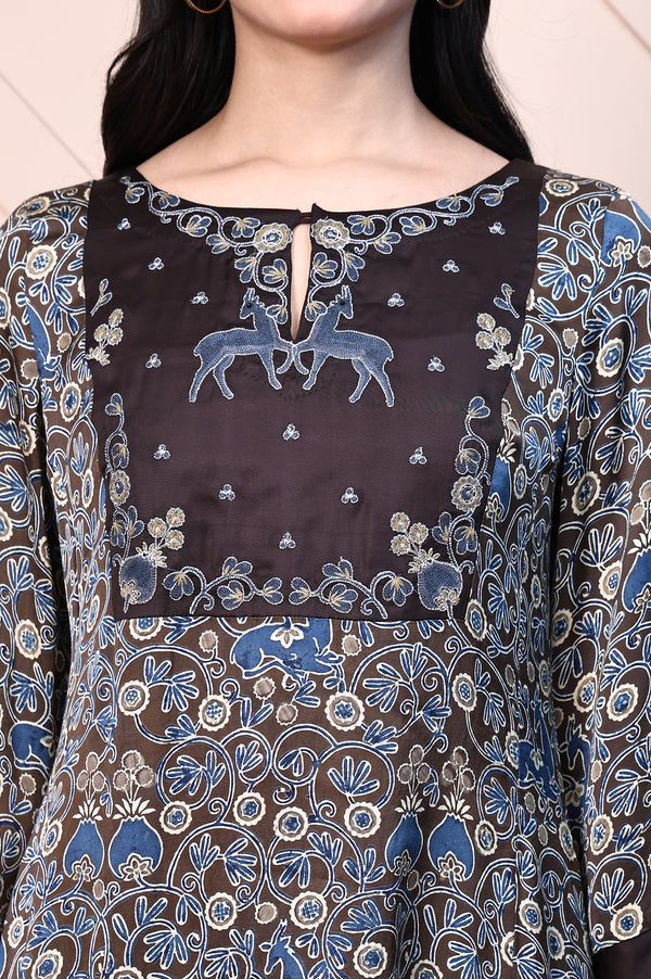 Brown Ajrak Printed Embroidered Modal Satin Flared Kurta