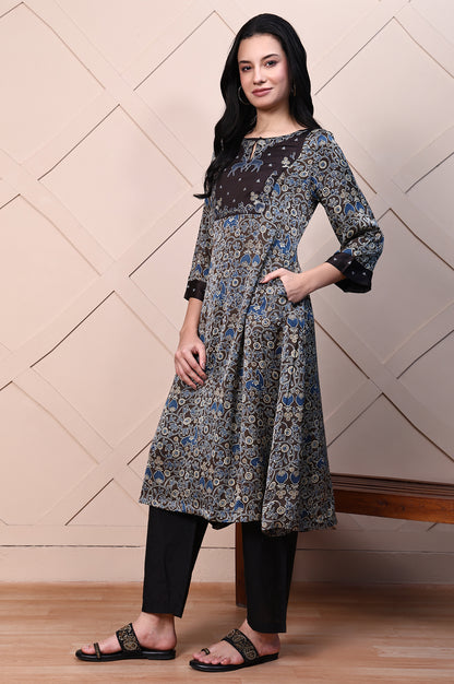 Brown Ajrak Printed Embroidered Modal Satin Flared Kurta