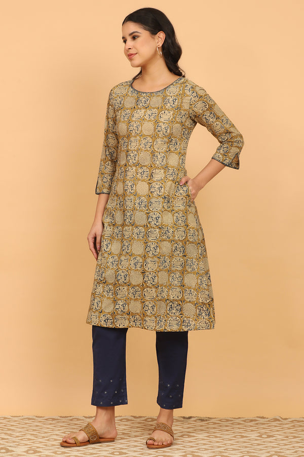 Mustard Yellow Handblock Print Kalamkari Kurta