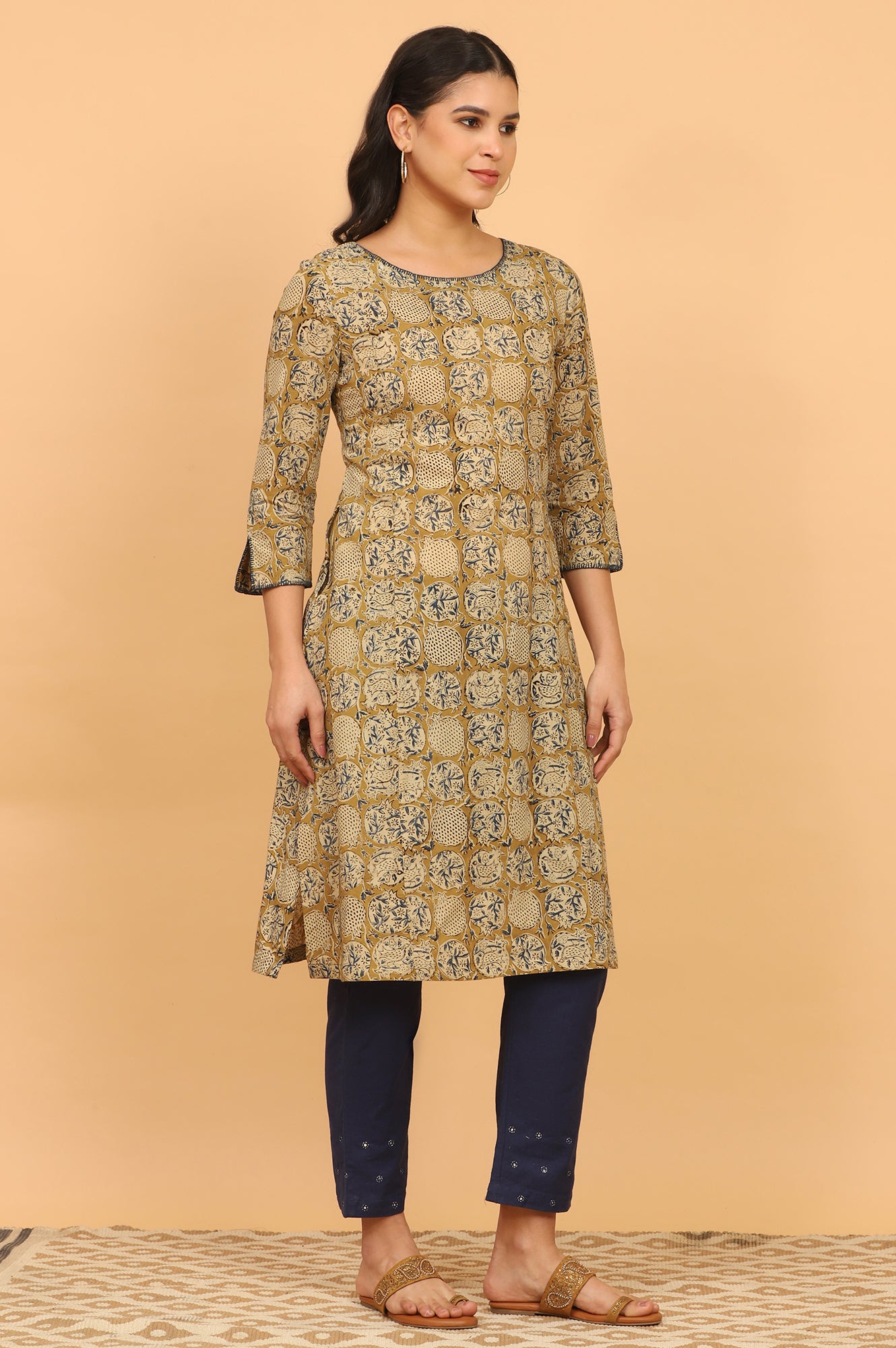 Mustard Yellow Handblock Print Kalamkari Kurta