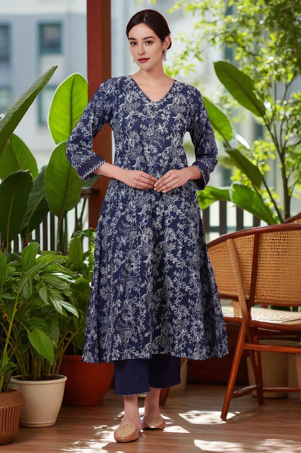 Indigo Handblock Print Flared Cotton Kurta - XS