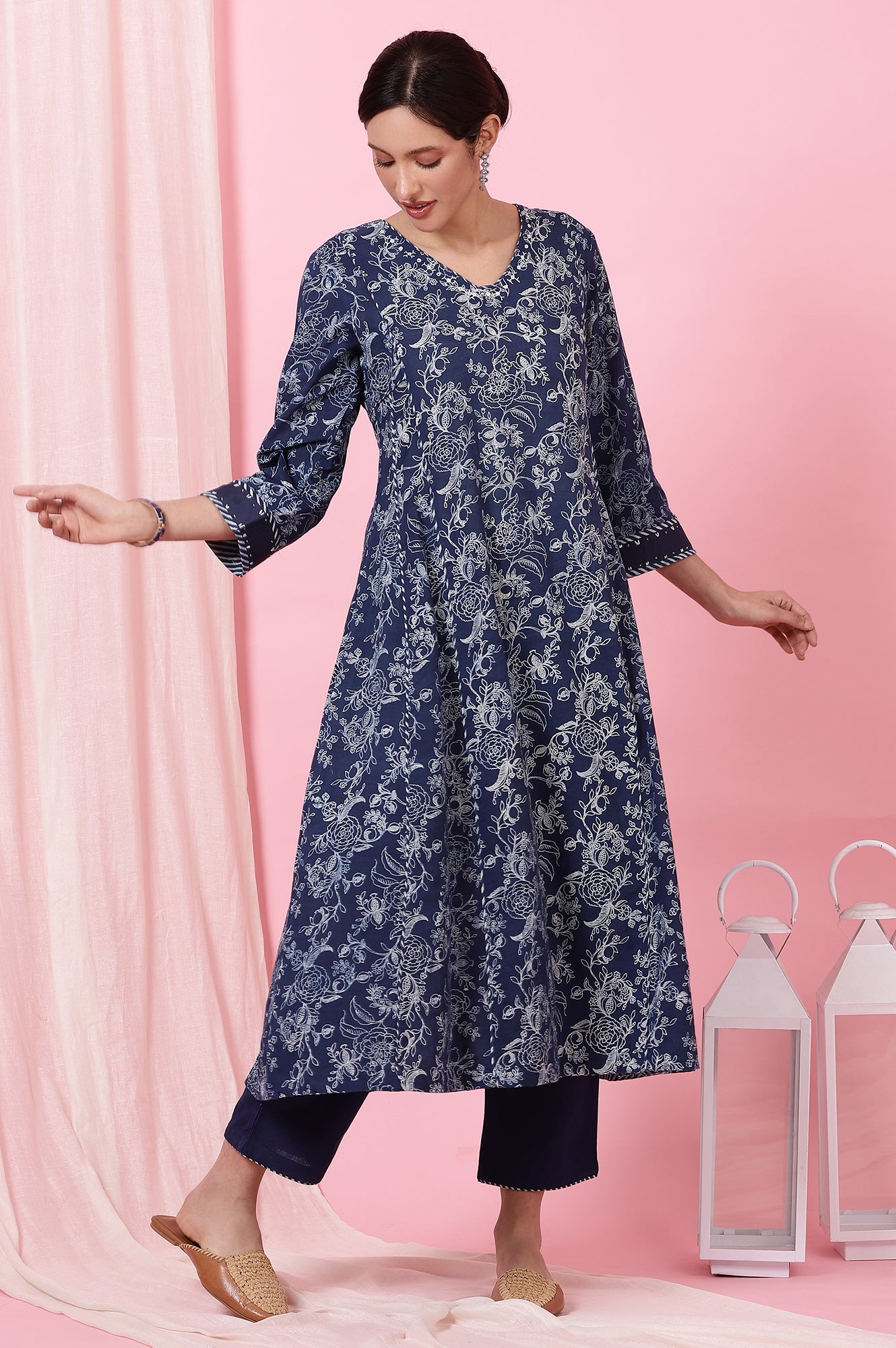 Indigo Handblock Print Flared Cotton Kurta