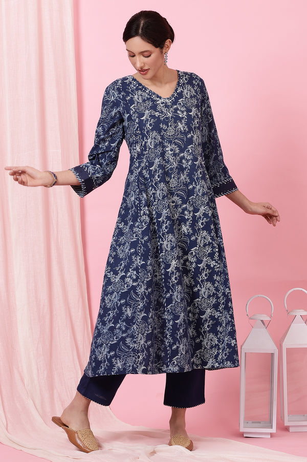 Indigo Handblock Print Flared Cotton Kurta