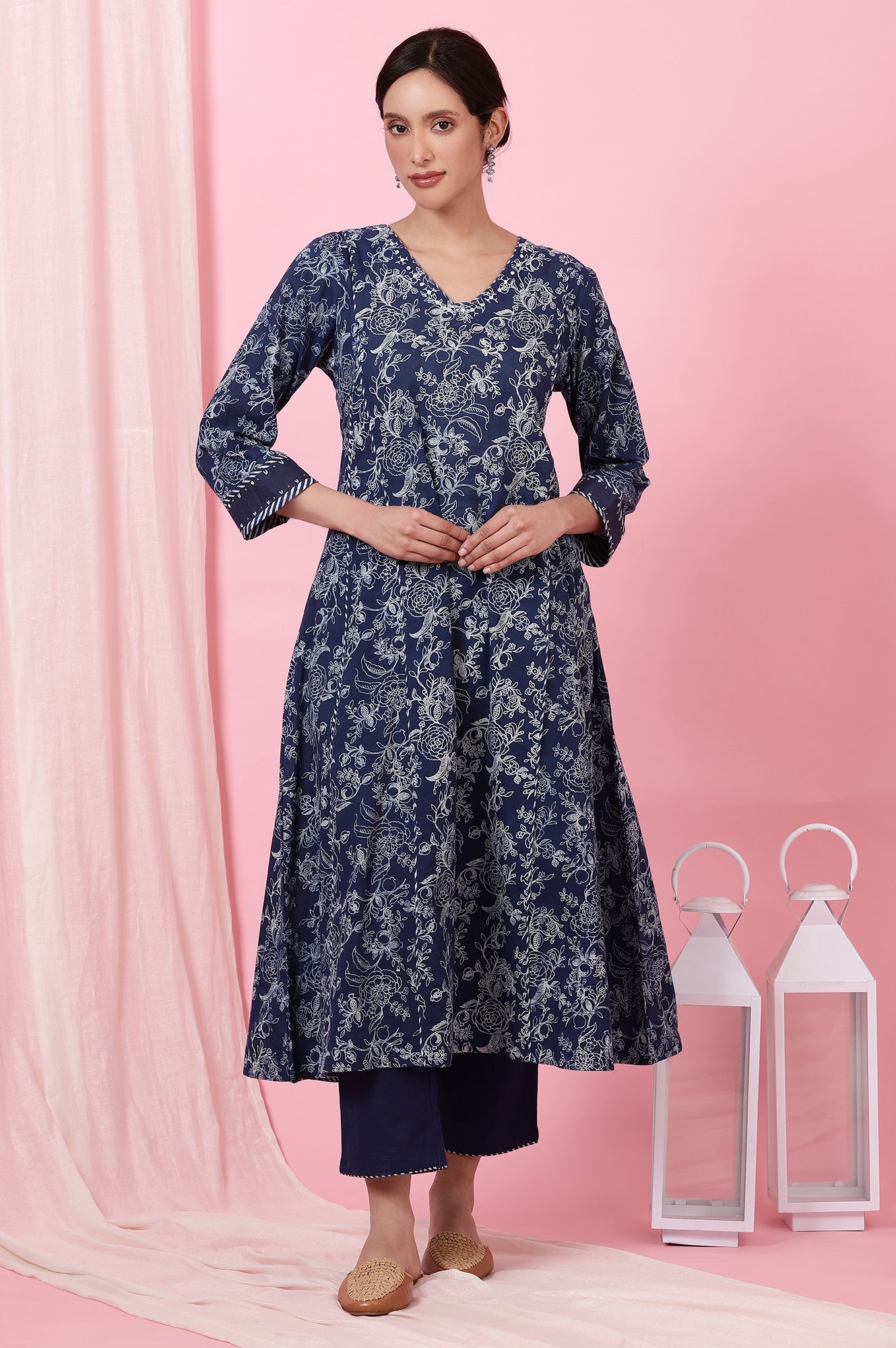 Indigo Handblock Print Flared Cotton Kurta