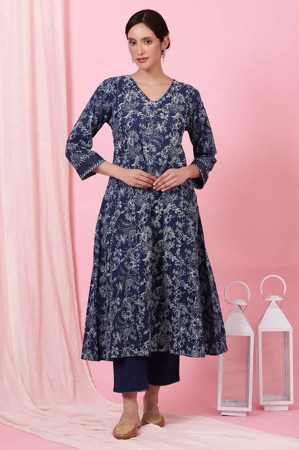 Indigo Handblock Print Flared Cotton Kurta