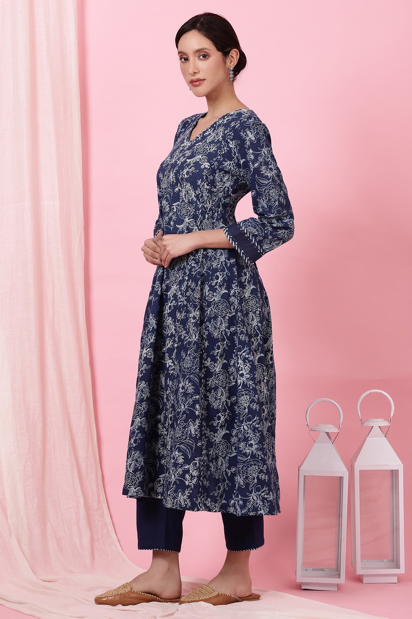 Indigo Handblock Print Flared Cotton Kurta